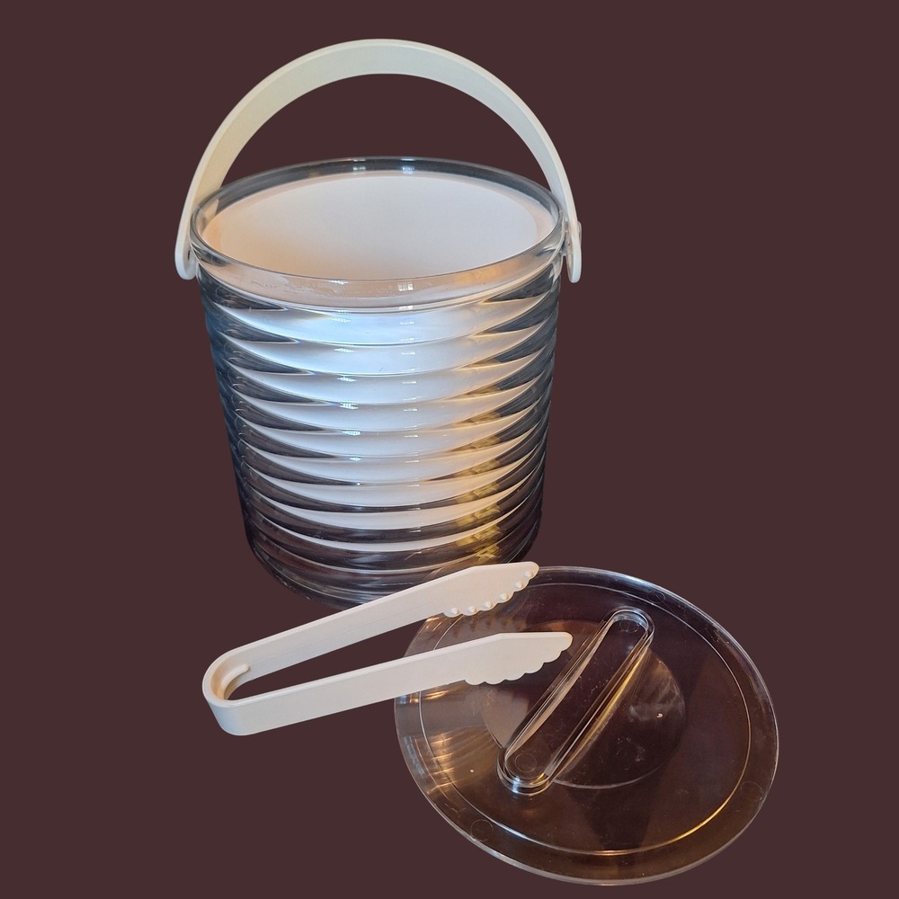 Sally Designs Ice Bucket Clear Acrylic Ribbed White Handle Lid Tongs‎ Glencoe